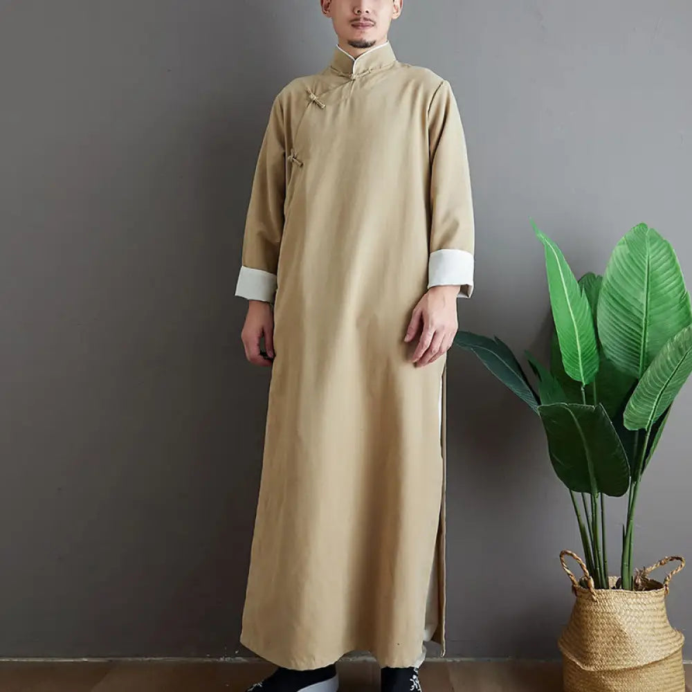 Buddha Stones Fall Solid Color Chinese Frog-Button Cotton Men’s Tang Suit Robe - Moccasin / US/UK/AU36，EU46 (L) - Men’s