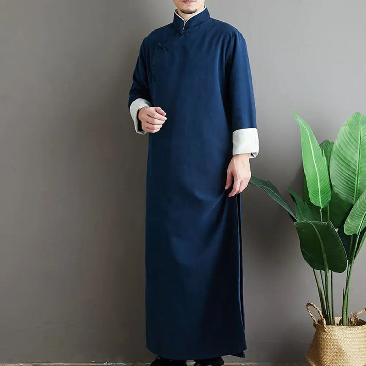 Buddha Stones Fall Solid Color Chinese Frog-Button Cotton Men’s Tang Suit Robe - SteelBlue / US/UK/AU36，EU46 (L)