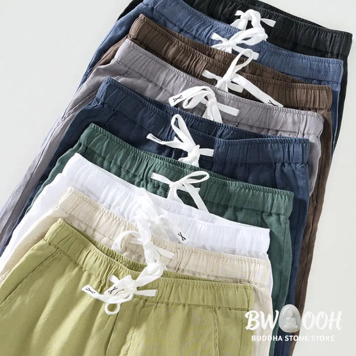Buddha Stones Fall Solid Drawstring Elastic Waist Men’s Linen Ankle-Length Pants With Pockets - Men’s Pants