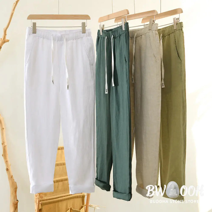Buddha Stones Fall Solid Drawstring Elastic Waist Men’s Linen Ankle-Length Pants With Pockets - Men’s Pants
