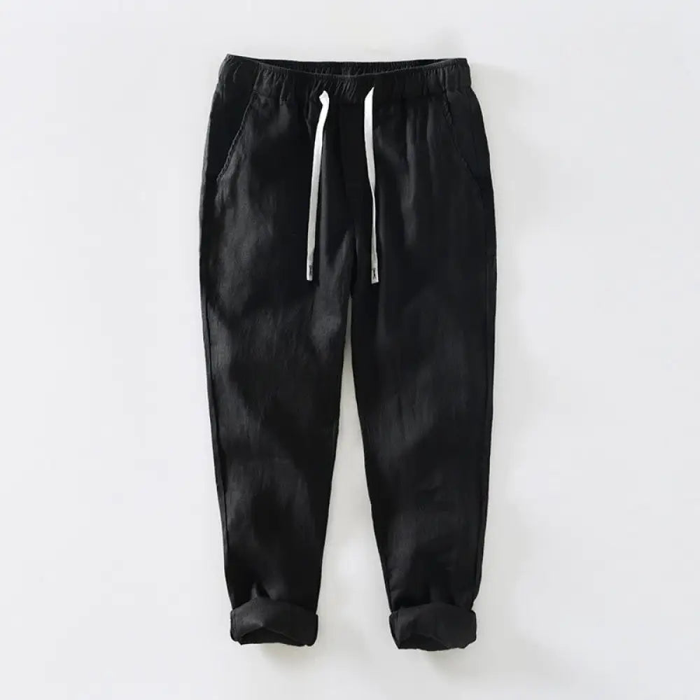 Buddha Stones Fall Solid Drawstring Elastic Waist Men’s Linen Ankle-Length Pants With Pockets - Black / US/UK/AU36，EU46