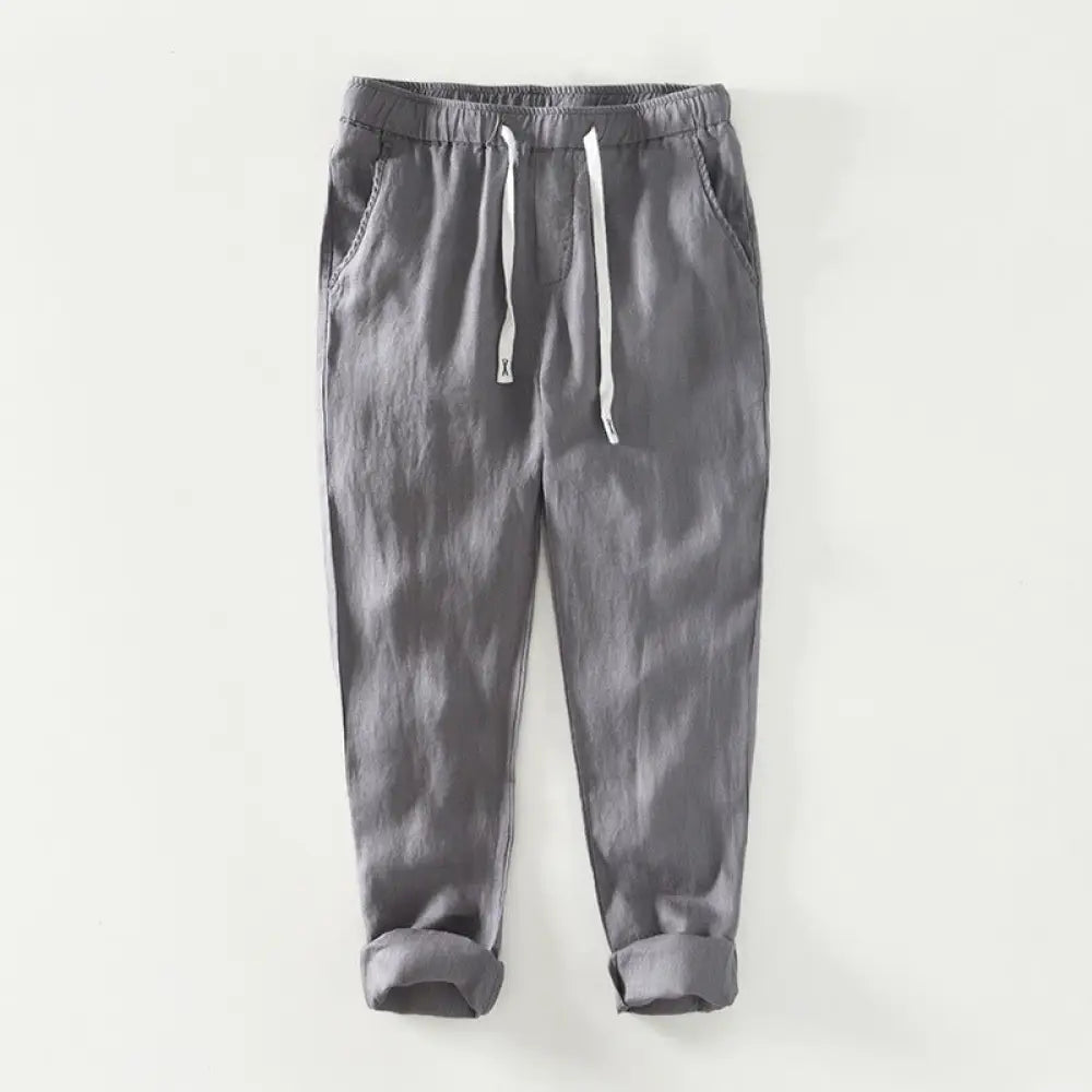 Buddha Stones Fall Solid Drawstring Elastic Waist Men’s Linen Ankle-Length Pants With Pockets - Gray / US/UK/AU36，EU46