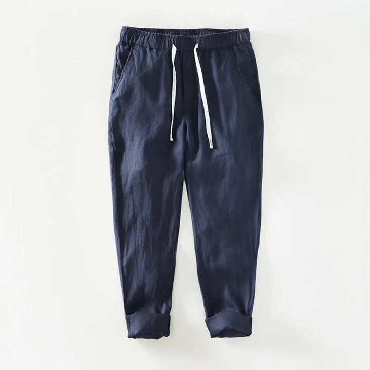 Buddha Stones Fall Solid Drawstring Elastic Waist Men’s Linen Ankle-Length Pants With Pockets - MidnightBlue