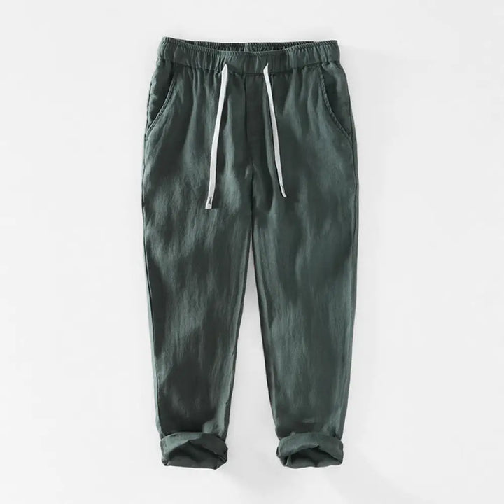 Buddha Stones Fall Solid Drawstring Elastic Waist Men’s Linen Ankle-Length Pants With Pockets - SeaGreen