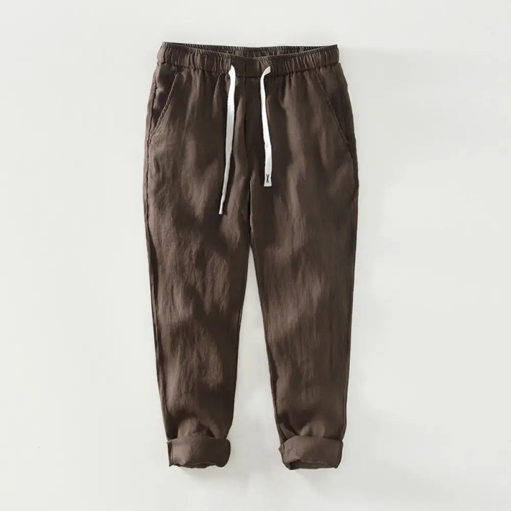 Buddha Stones Fall Solid Drawstring Elastic Waist Men’s Linen Ankle-Length Pants With Pockets - Sienna