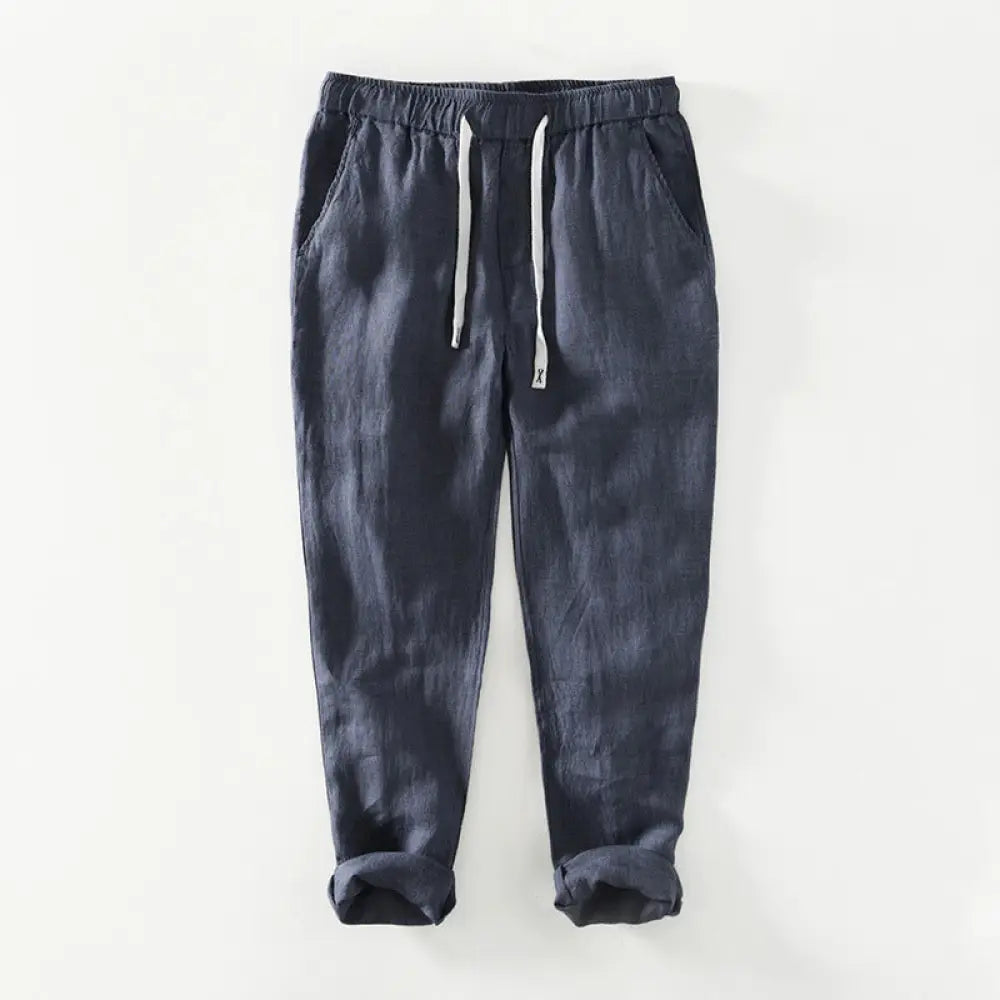 Buddha Stones Fall Solid Drawstring Elastic Waist Men’s Linen Ankle-Length Pants With Pockets - SteelBlue