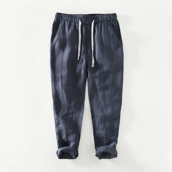 Buddha Stones Fall Solid Drawstring Elastic Waist Men’s Linen Ankle-Length Pants With Pockets - SteelBlue