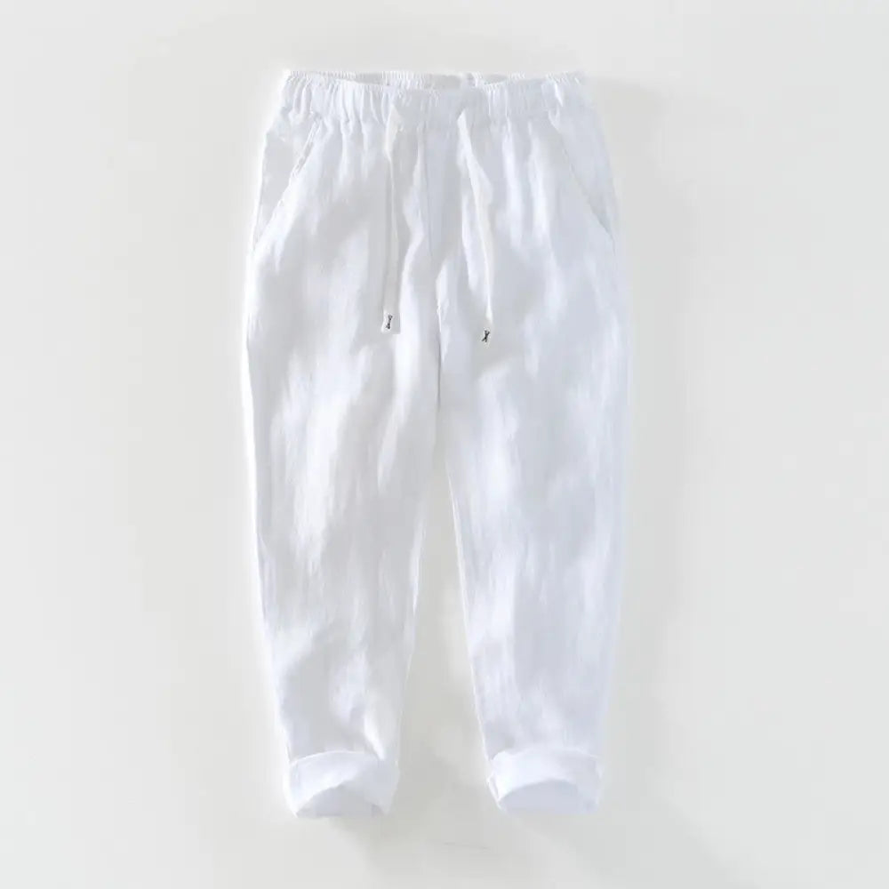 Buddha Stones Fall Solid Drawstring Elastic Waist Men’s Linen Ankle-Length Pants With Pockets - White / US/UK/AU36，EU46