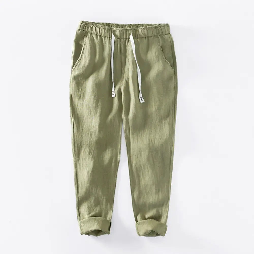 Buddha Stones Fall Solid Drawstring Elastic Waist Men’s Linen Ankle-Length Pants With Pockets - YellowGreen