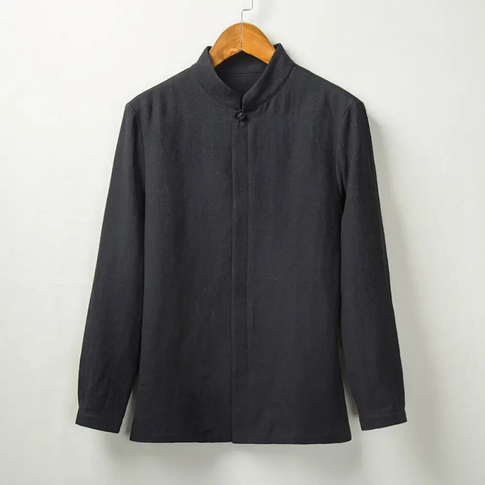 Buddha Stones Fall Solid Long Sleeve Button Shirt Cotton Linen Men Clothing - Black / US/UK/AU36，EU46 (L) - Men’s Shirts