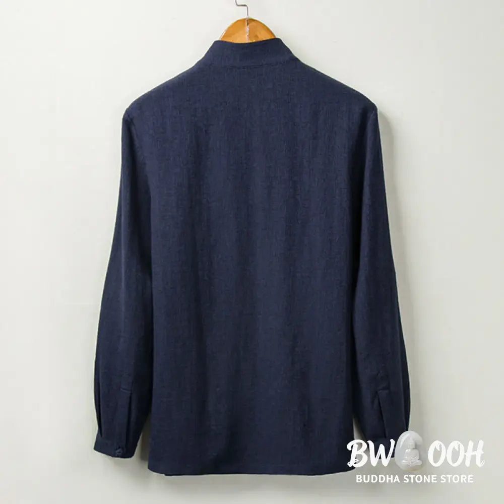 Buddha Stones Fall Solid Long Sleeve Button Shirt Cotton Linen Men Clothing - Men’s Shirts