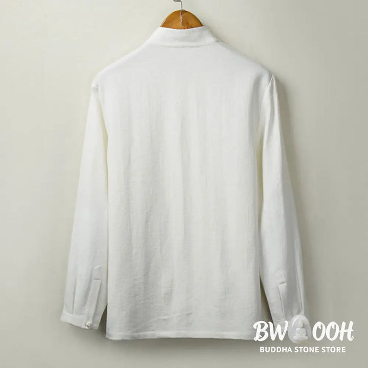 Buddha Stones Fall Solid Long Sleeve Button Shirt Cotton Linen Men Clothing - Men’s Shirts