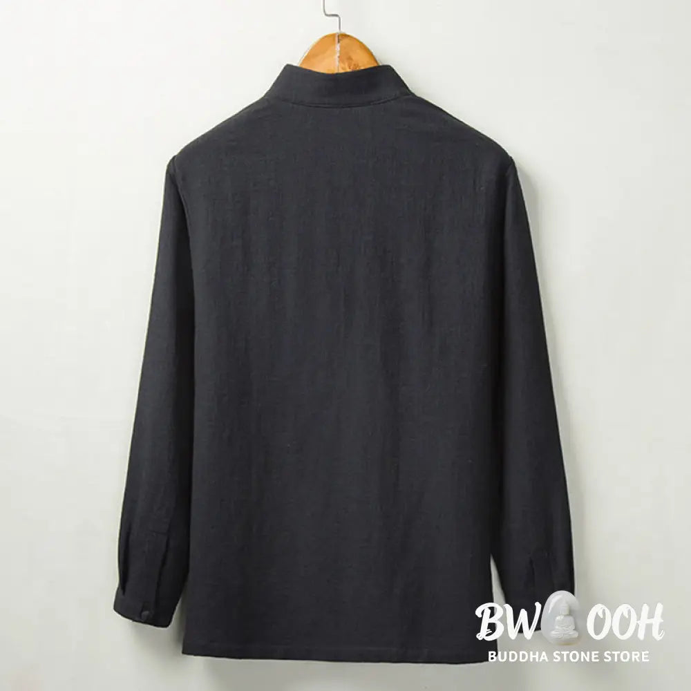 Buddha Stones Fall Solid Long Sleeve Button Shirt Cotton Linen Men Clothing - Men’s Shirts