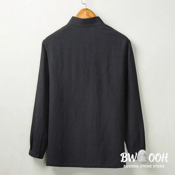Buddha Stones Fall Solid Long Sleeve Button Shirt Cotton Linen Men Clothing - Men’s Shirts