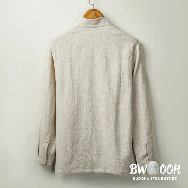Buddha Stones Fall Solid Long Sleeve Button Shirt Cotton Linen Men Clothing - Men’s Shirts