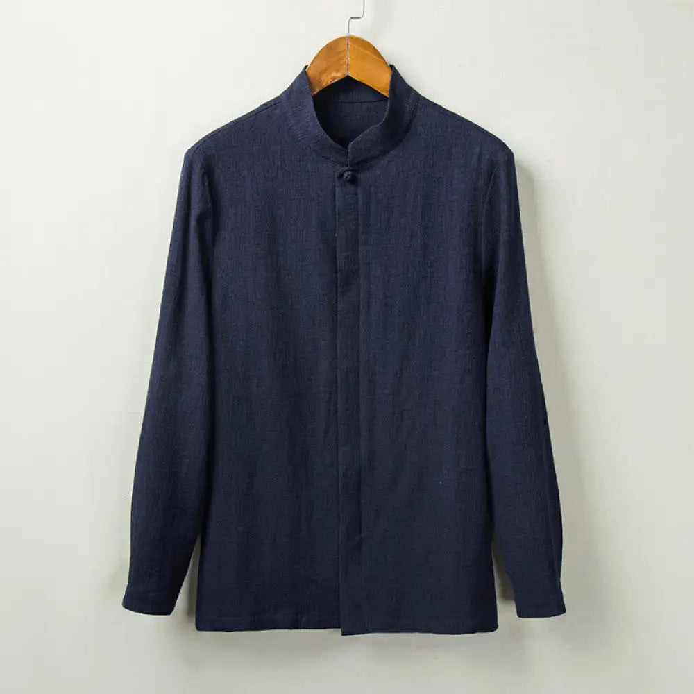 Buddha Stones Fall Solid Long Sleeve Button Shirt Cotton Linen Men Clothing - SteelBlue / US/UK/AU36，EU46 (L) - Men’s