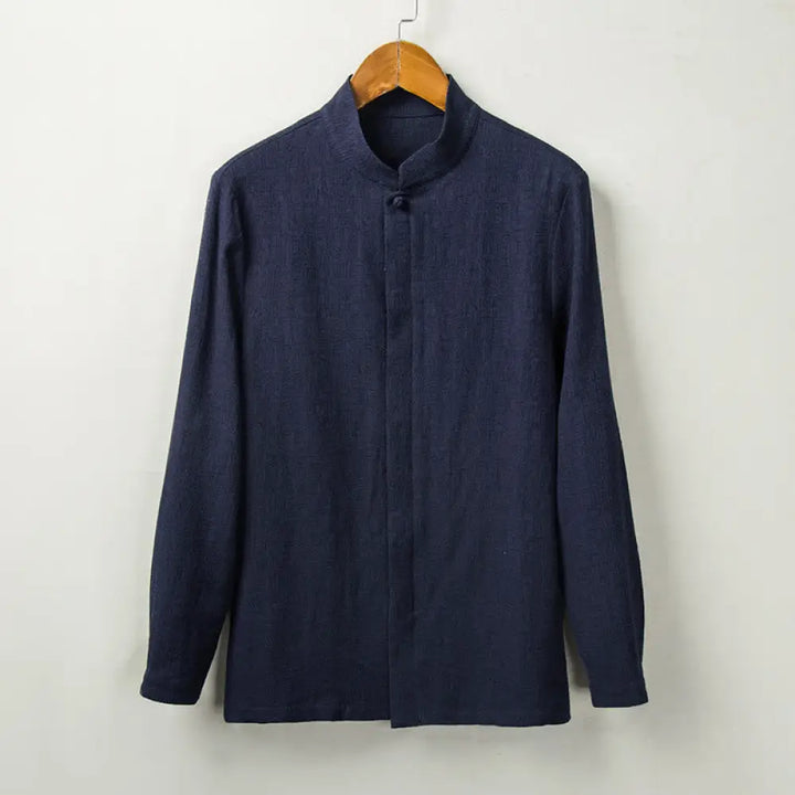 Buddha Stones Fall Solid Long Sleeve Button Shirt Cotton Linen Men Clothing - SteelBlue / US/UK/AU36，EU46 (L) - Men’s