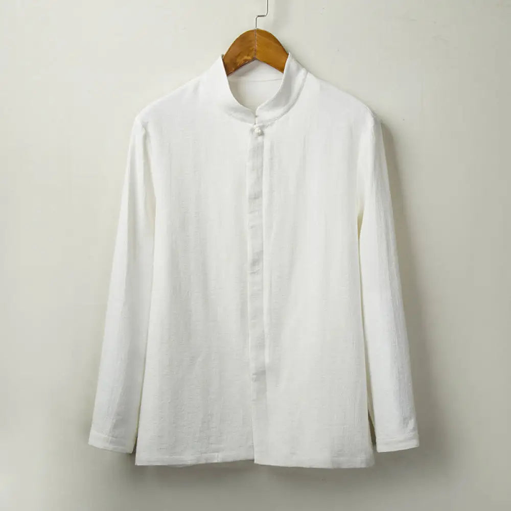 Buddha Stones Fall Solid Long Sleeve Button Shirt Cotton Linen Men Clothing - White / US/UK/AU36，EU46 (L) - Men’s Shirts