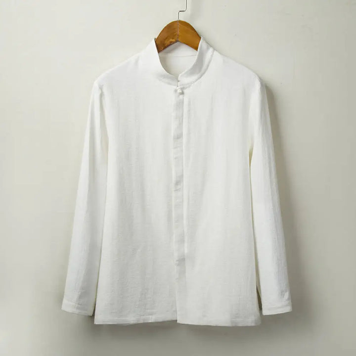 Buddha Stones Fall Solid Long Sleeve Button Shirt Cotton Linen Men Clothing - White / US/UK/AU36，EU46 (L) - Men’s Shirts