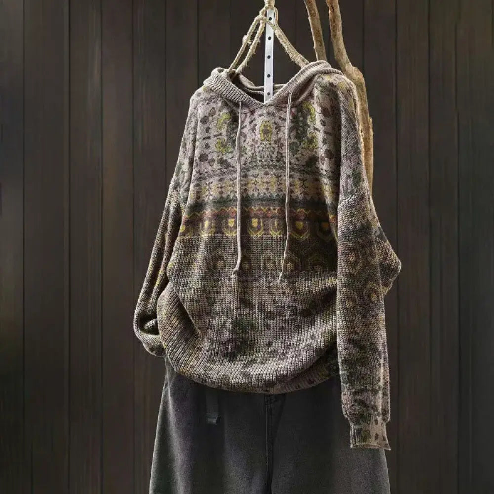 Buddha Stones Fall Striped Geometric Flowers Cotton Women’s Long Sleeve Pullover Knitted Hoodie - DarkKhaki
