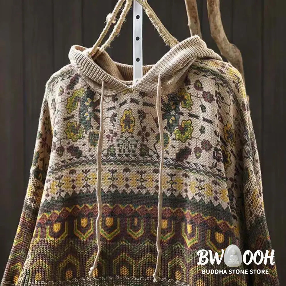 Buddha Stones Fall Striped Geometric Flowers Cotton Women’s Long Sleeve Pullover Knitted Hoodie - Women’s Knit Tops