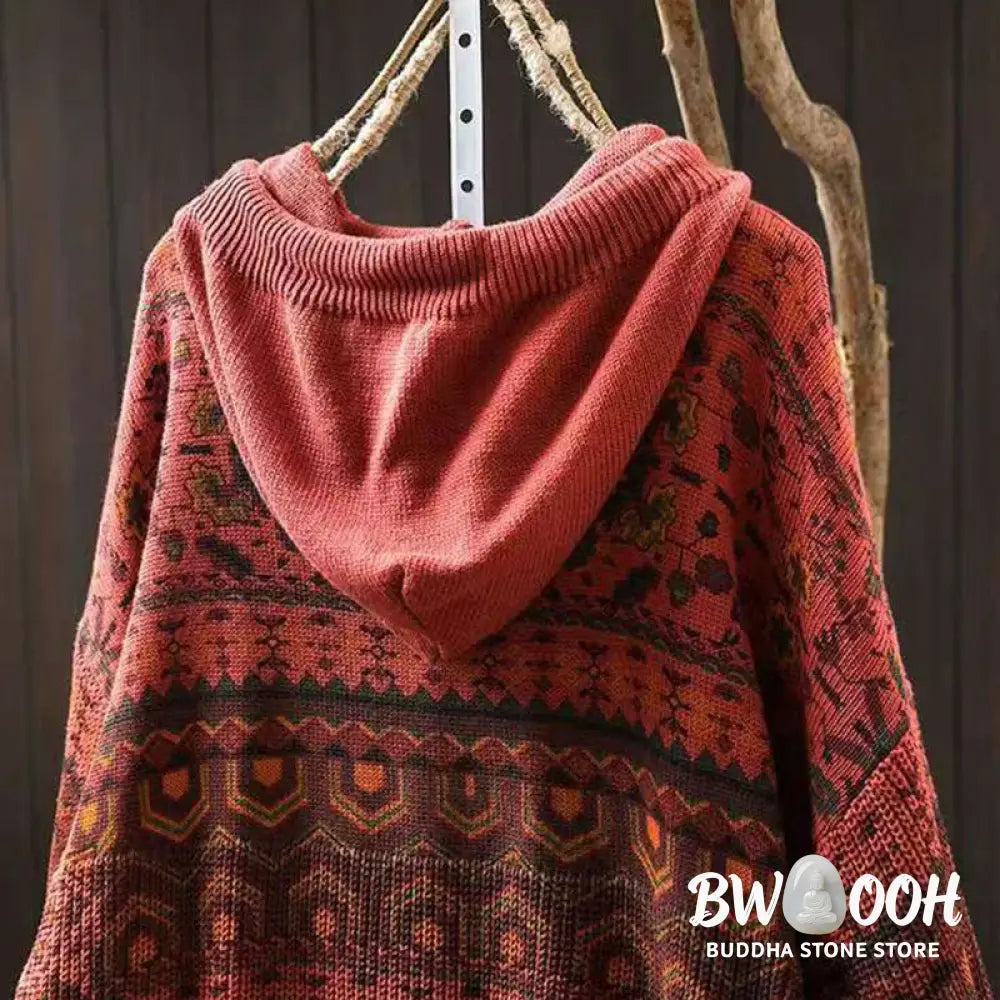 Buddha Stones Fall Striped Geometric Flowers Cotton Women’s Long Sleeve Pullover Knitted Hoodie - Women’s Knit Tops
