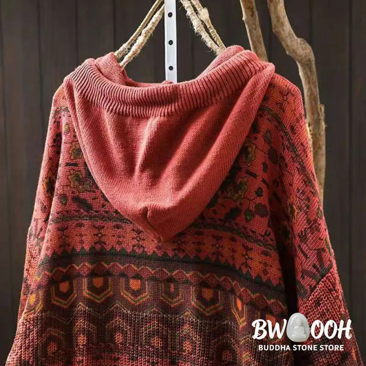 Buddha Stones Fall Striped Geometric Flowers Cotton Women’s Long Sleeve Pullover Knitted Hoodie - Women’s Knit Tops
