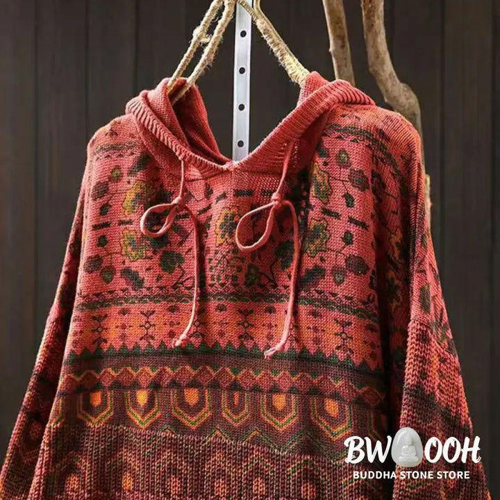 Buddha Stones Fall Striped Geometric Flowers Cotton Women’s Long Sleeve Pullover Knitted Hoodie - Women’s Knit Tops