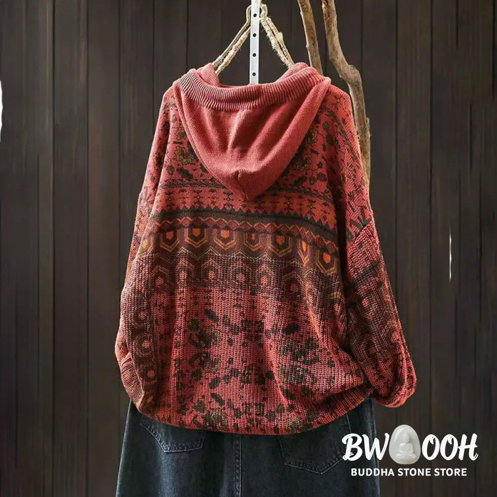 Buddha Stones Fall Striped Geometric Flowers Cotton Women’s Long Sleeve Pullover Knitted Hoodie - Women’s Knit Tops