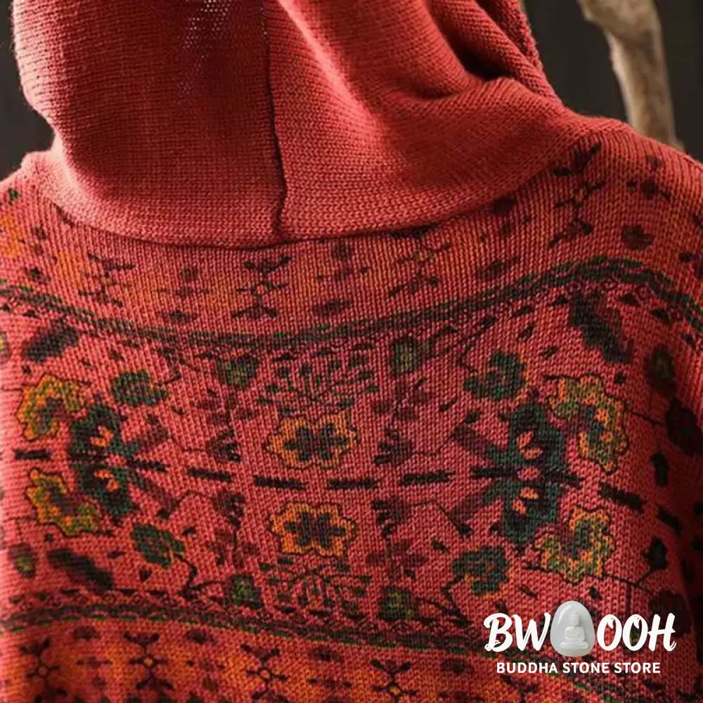 Buddha Stones Fall Striped Geometric Flowers Cotton Women’s Long Sleeve Pullover Knitted Hoodie - Women’s Knit Tops