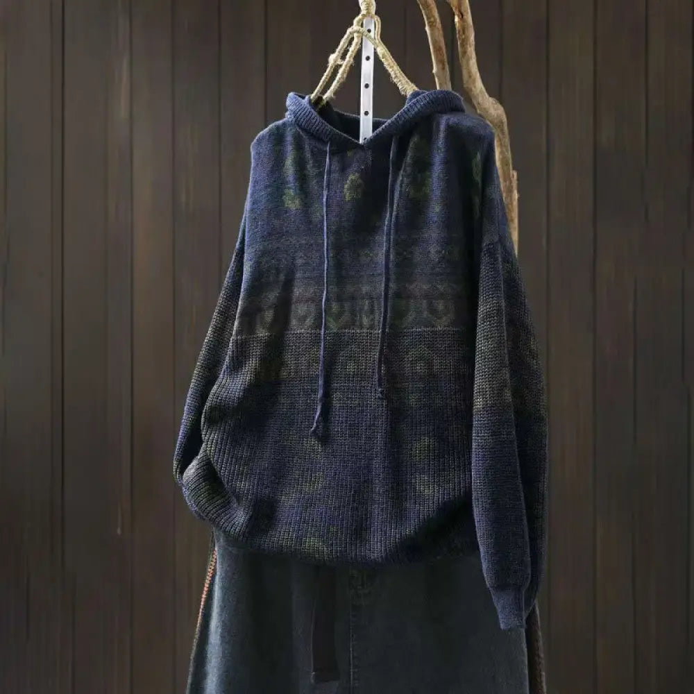 Buddha Stones Fall Striped Geometric Flowers Cotton Women’s Long Sleeve Pullover Knitted Hoodie - Navy