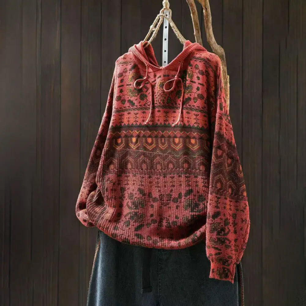 Buddha Stones Fall Striped Geometric Flowers Cotton Women’s Long Sleeve Pullover Knitted Hoodie - Tomato