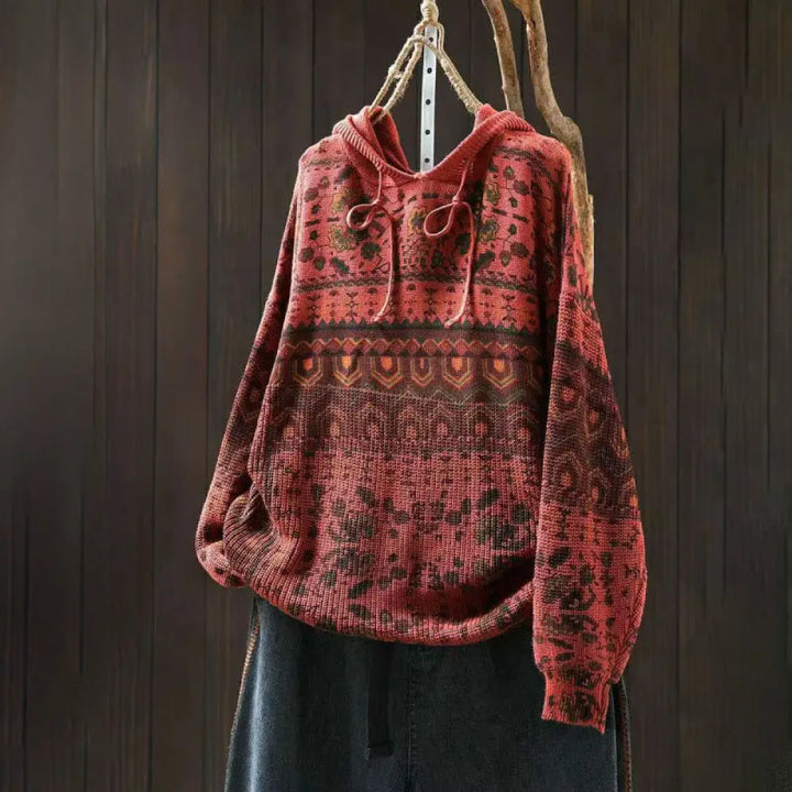 Buddha Stones Fall Striped Geometric Flowers Cotton Women’s Long Sleeve Pullover Knitted Hoodie - Tomato