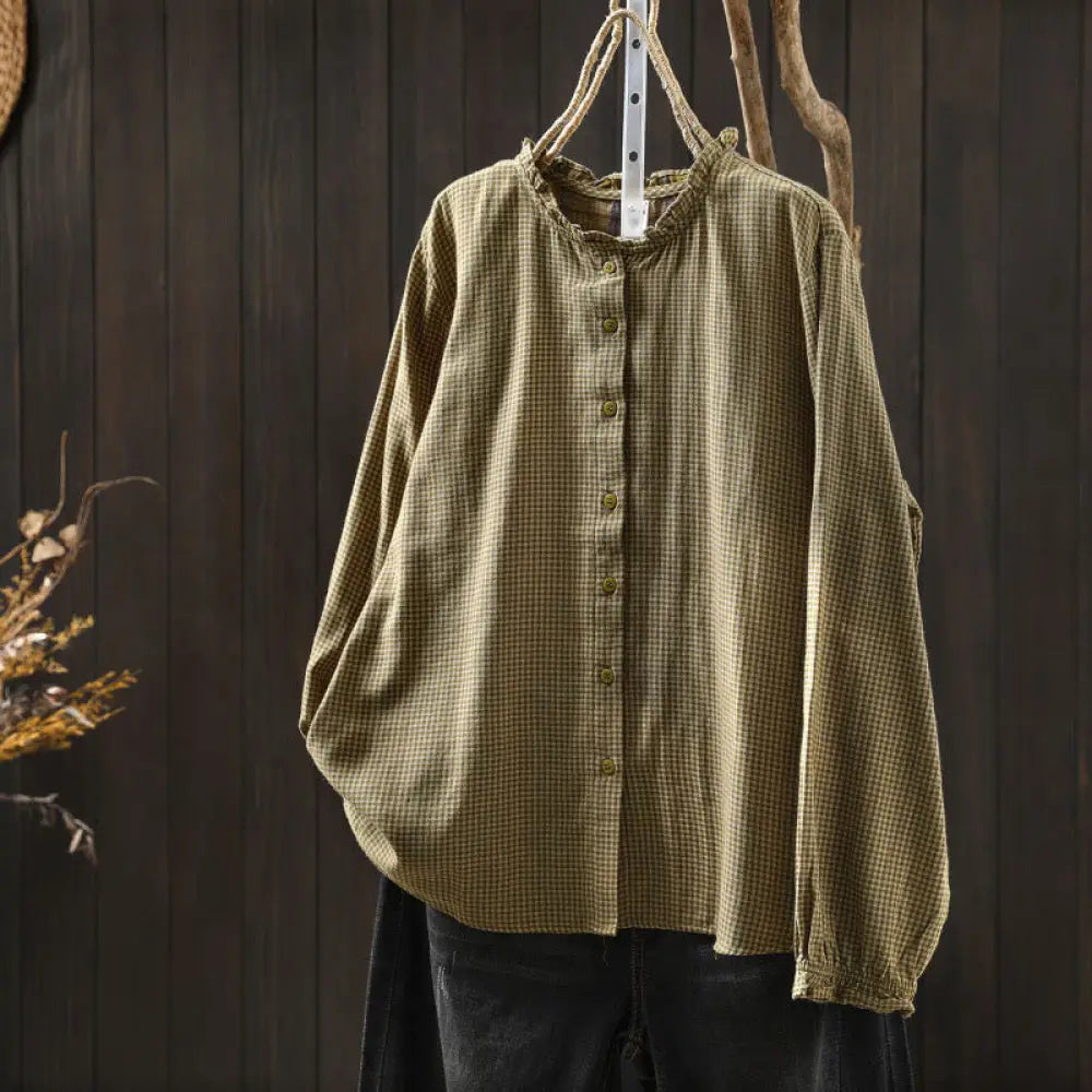 Buddha Stones Fall Tiny Plaid Button Down Ruffle Collar Long Sleeve Women’s Cotton Shirt - DarkKhaki / US4，UK/AU8，EU36