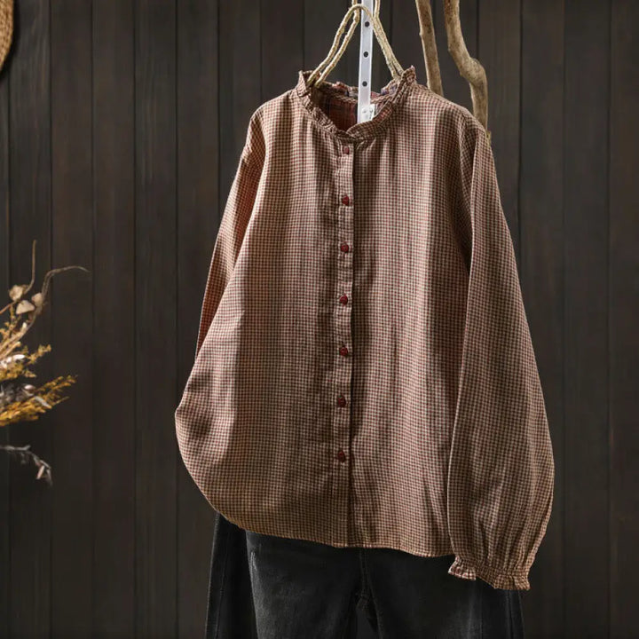 BWOOOH Fall Tiny Plaid Button Down Ruffle Collar Long Sle