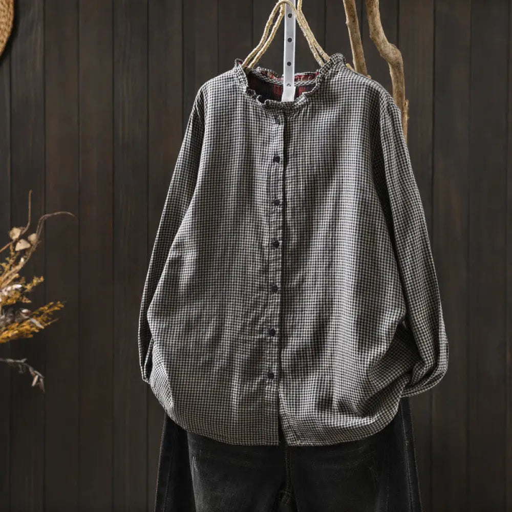 Buddha Stones Fall Tiny Plaid Button Down Ruffle Collar Long Sleeve Women’s Cotton Shirt - Gray / US4，UK/AU8，EU36 (M)