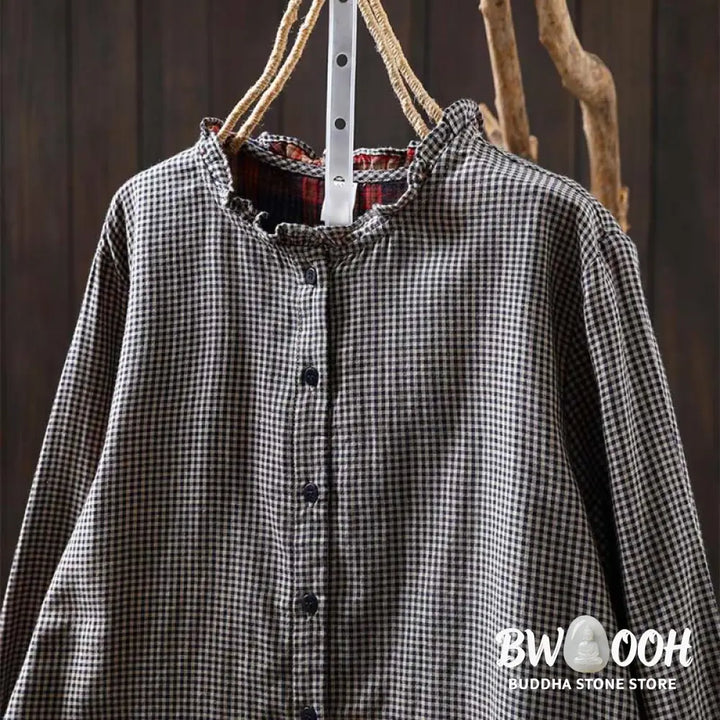 Buddha Stones Fall Tiny Plaid Button Down Ruffle Collar Long Sleeve Women’s Cotton Shirt - Women’s Shirts