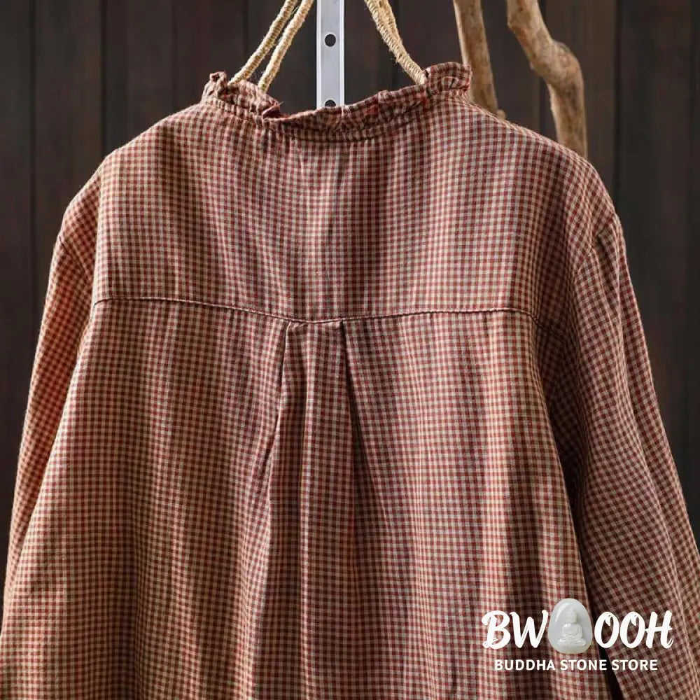Buddha Stones Fall Tiny Plaid Button Down Ruffle Collar Long Sleeve Women’s Cotton Shirt - Women’s Shirts