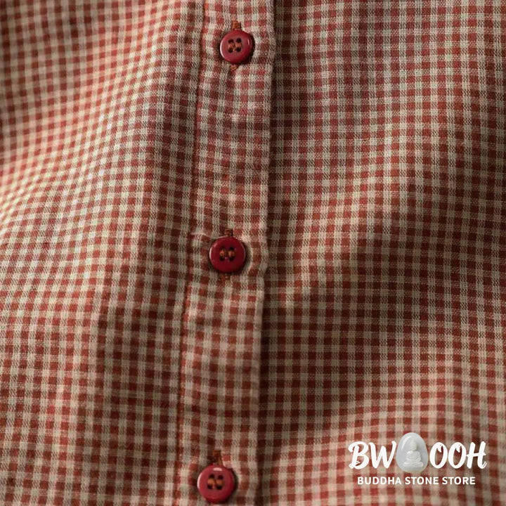 Buddha Stones Fall Tiny Plaid Button Down Ruffle Collar Long Sleeve Women’s Cotton Shirt - Women’s Shirts