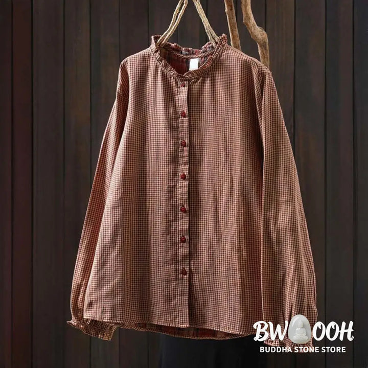 Buddha Stones Fall Tiny Plaid Button Down Ruffle Collar Long Sleeve Women’s Cotton Shirt - Women’s Shirts