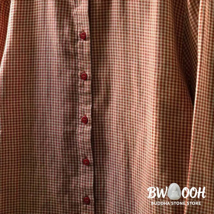 Buddha Stones Fall Tiny Plaid Button Down Ruffle Collar Long Sleeve Women’s Cotton Shirt - Women’s Shirts
