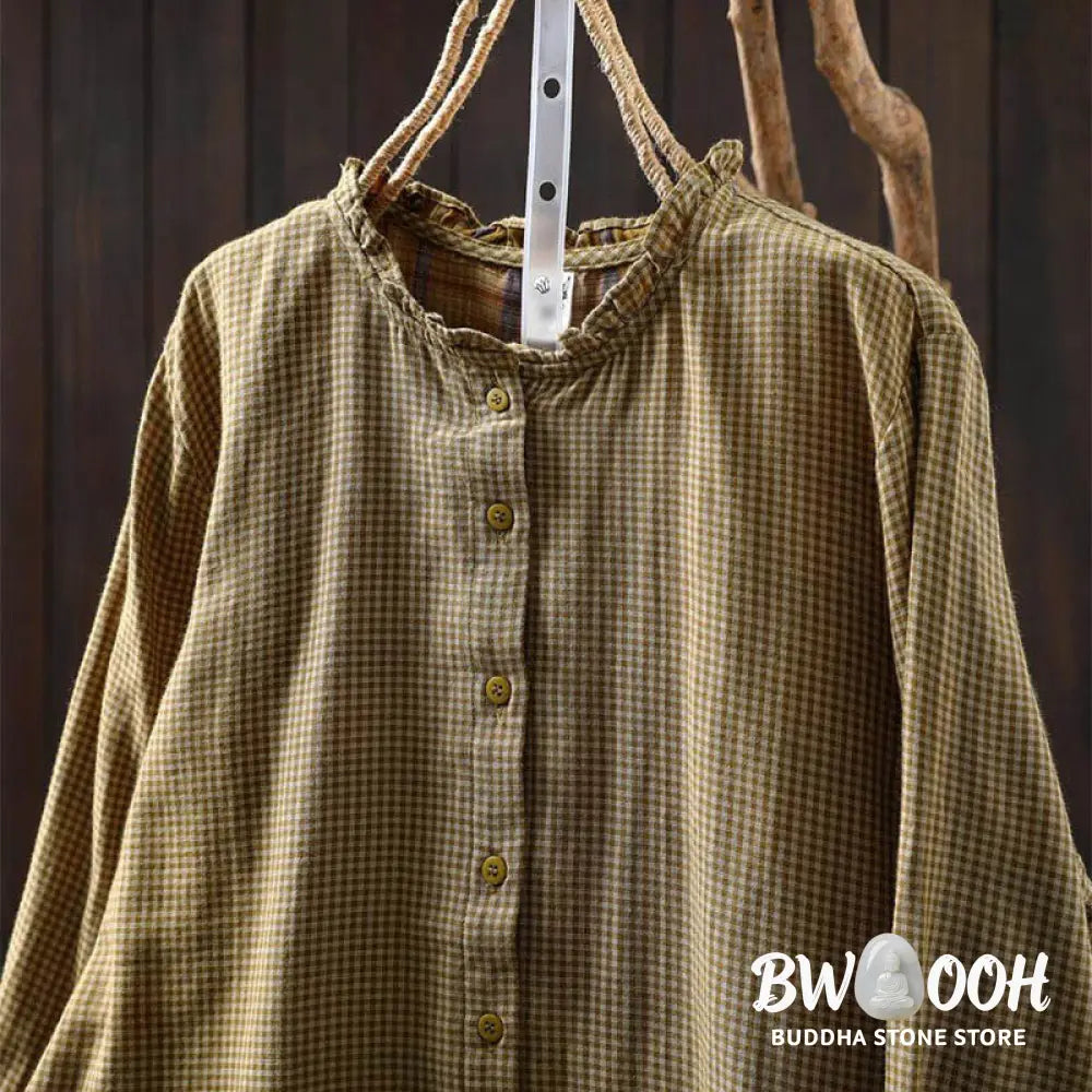 Buddha Stones Fall Tiny Plaid Button Down Ruffle Collar Long Sleeve Women’s Cotton Shirt - Women’s Shirts