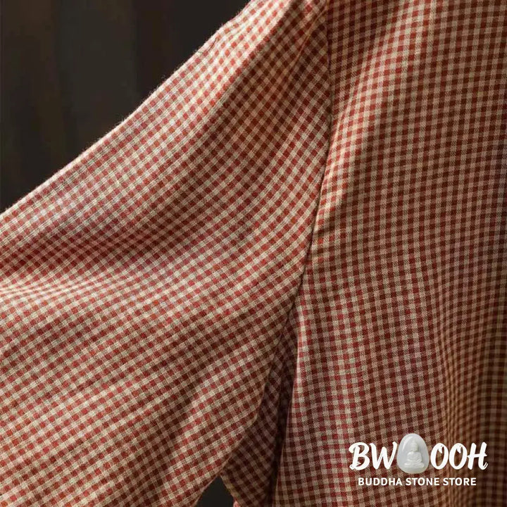 Buddha Stones Fall Tiny Plaid Button Down Ruffle Collar Long Sleeve Women’s Cotton Shirt - Women’s Shirts