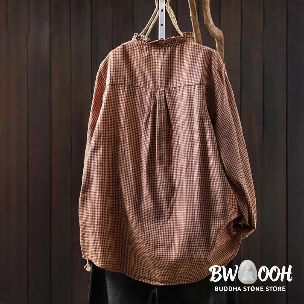 Buddha Stones Fall Tiny Plaid Button Down Ruffle Collar Long Sleeve Women’s Cotton Shirt - Women’s Shirts