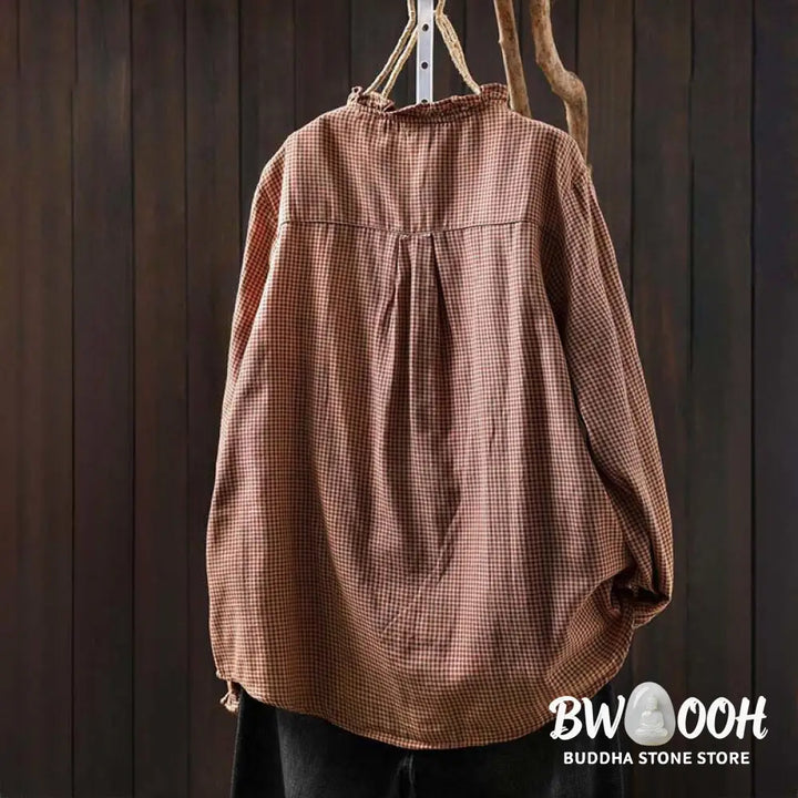 Buddha Stones Fall Tiny Plaid Button Down Ruffle Collar Long Sleeve Women’s Cotton Shirt - Women’s Shirts