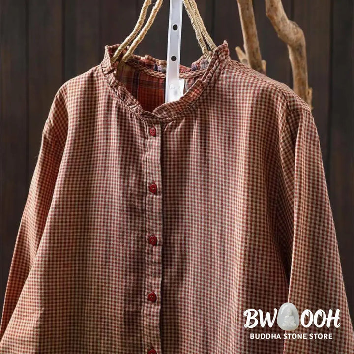 Buddha Stones Fall Tiny Plaid Button Down Ruffle Collar Long Sleeve Women’s Cotton Shirt - Women’s Shirts