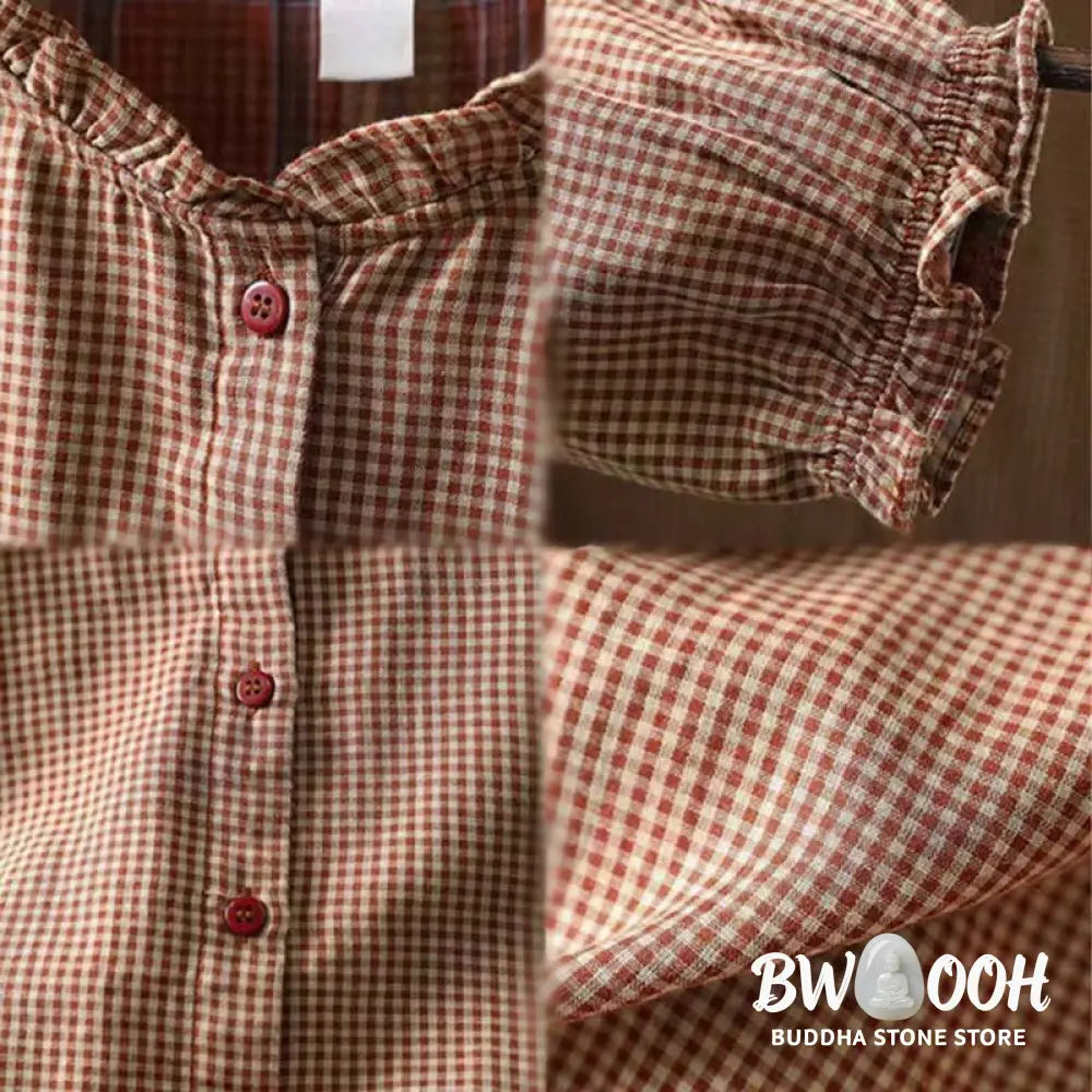 Buddha Stones Fall Tiny Plaid Button Down Ruffle Collar Long Sleeve Women’s Cotton Shirt - Women’s Shirts