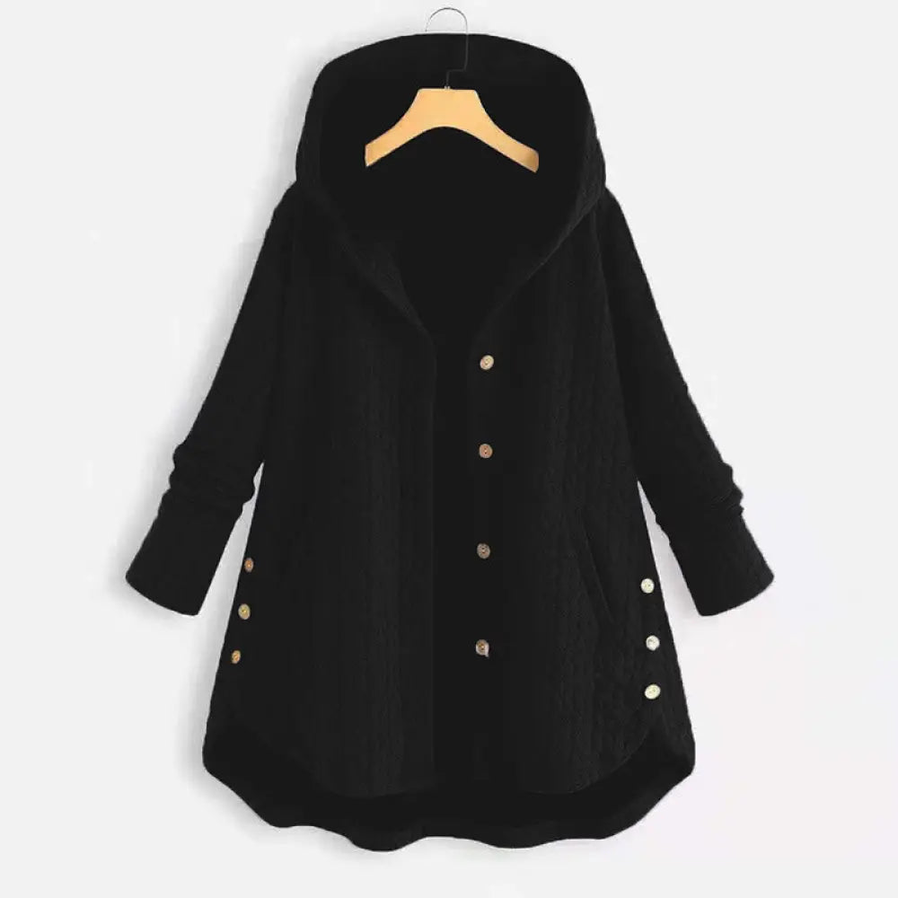 Buddha Stones Fall Wheat Ear Pattern Mid-length Design Women’s Long Sleeve Hooded Coat With Pockets - Black