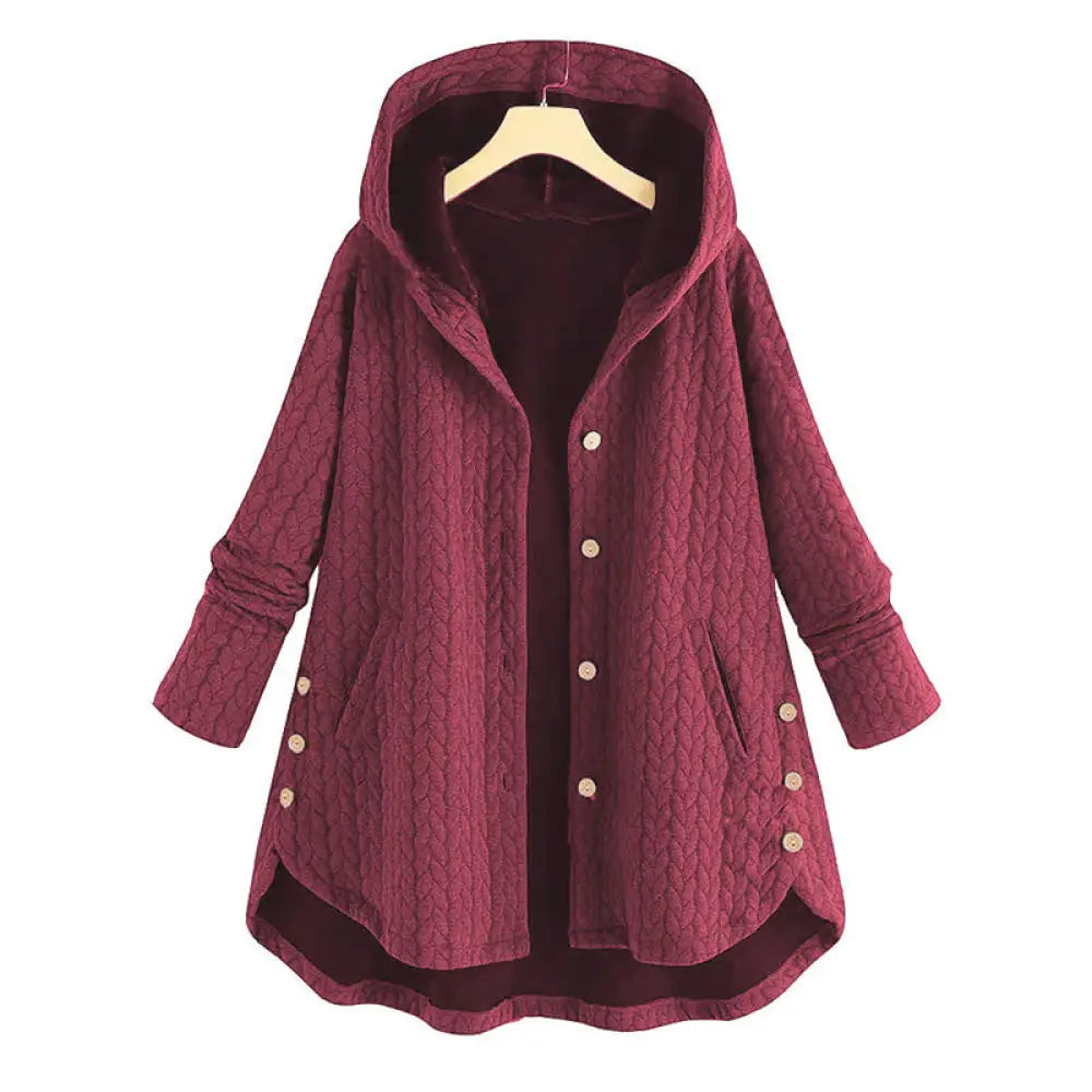 Buddha Stones Fall Wheat Ear Pattern Mid-length Design Women’s Long Sleeve Hooded Coat With Pockets - IndianRed