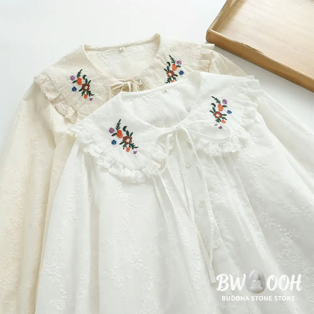 Buddha Stones Fall White Floral Embroidery Peter Pan Collar Buttons Women’s Cotton Long Sleeve Shirt - Women’s Shirts